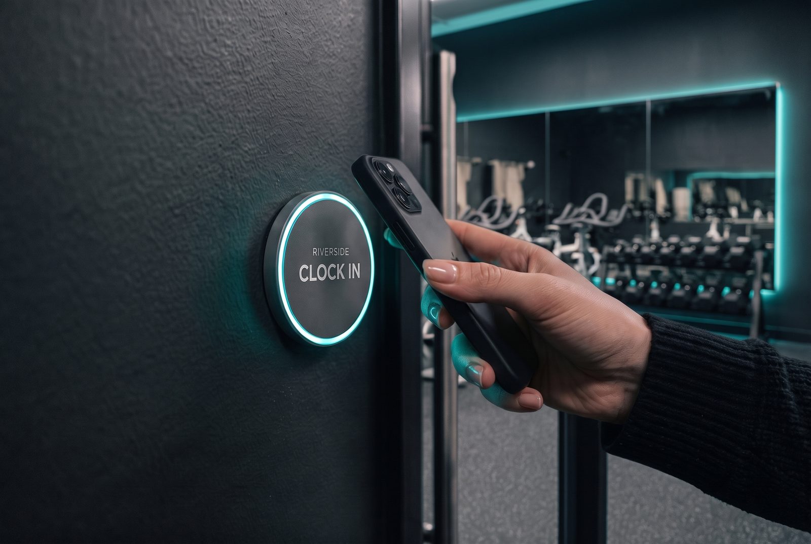 Inside a fitness studio, a hand holds a phone against a round wall tag labelled Riverside, Clock in.